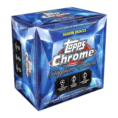 A 2024-25 Topps UEFA Club Competitions Chrome Sapphire Edition soccer card box.