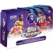 A 2026 Topps Chrome Premier League soccer trading card box featuring players on the packaging.