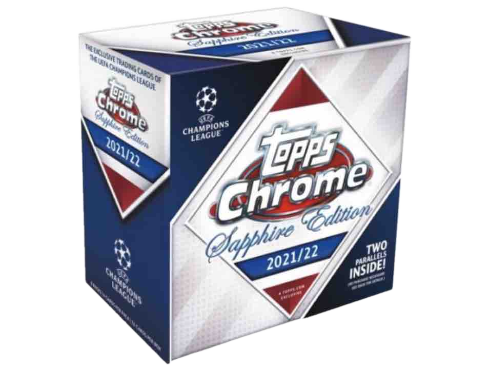 A 2021-22 Topps UEFA Champions League Chrome Sapphire Edition soccer card box.