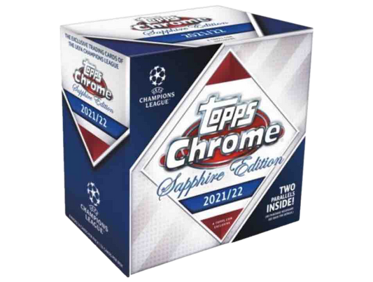A 2021-22 Topps UEFA Champions League Chrome Sapphire Edition soccer card box.