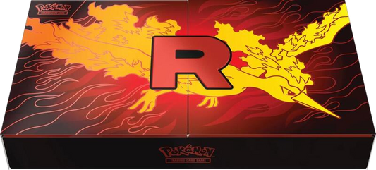 A Team Rocket Moltres ex Ultra-Premium Collection box featuring a large red R and Moltres art.