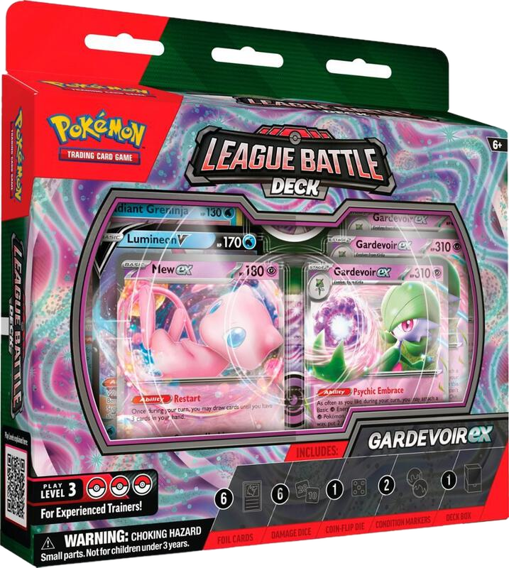 A Gardevoir EX League Battle Deck box featuring Mew EX and Gardevoir EX cards on the front.