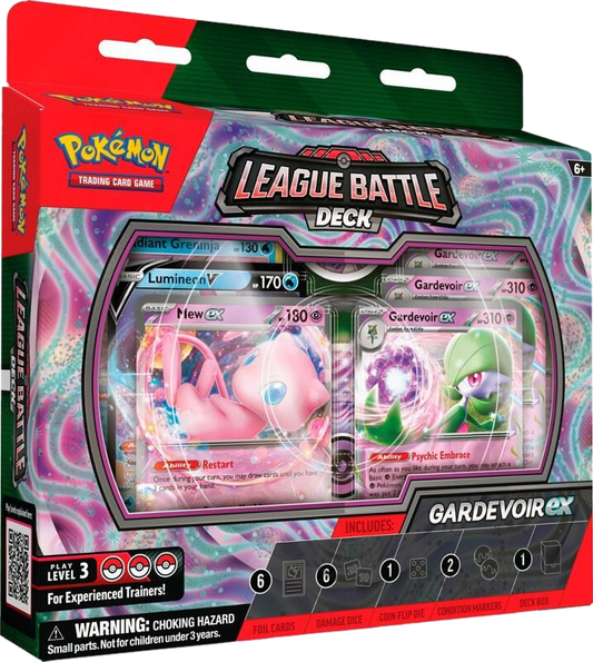 A Gardevoir EX League Battle Deck box featuring Mew EX and Gardevoir EX cards on the front.