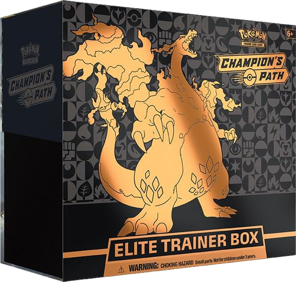 A Champion's Path Elite Trainer Box featuring a gold Charizard illustration on the front.