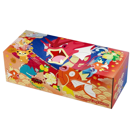 A rectangular Pokemon Center Hiroshima storage box featuring colorful illustrations of Gyarados.
