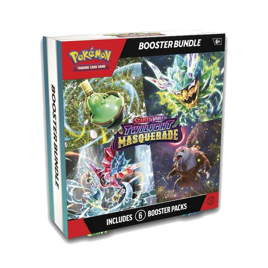 A Twilight Masquerade booster bundle box containing six Pokemon trading card game booster packs.