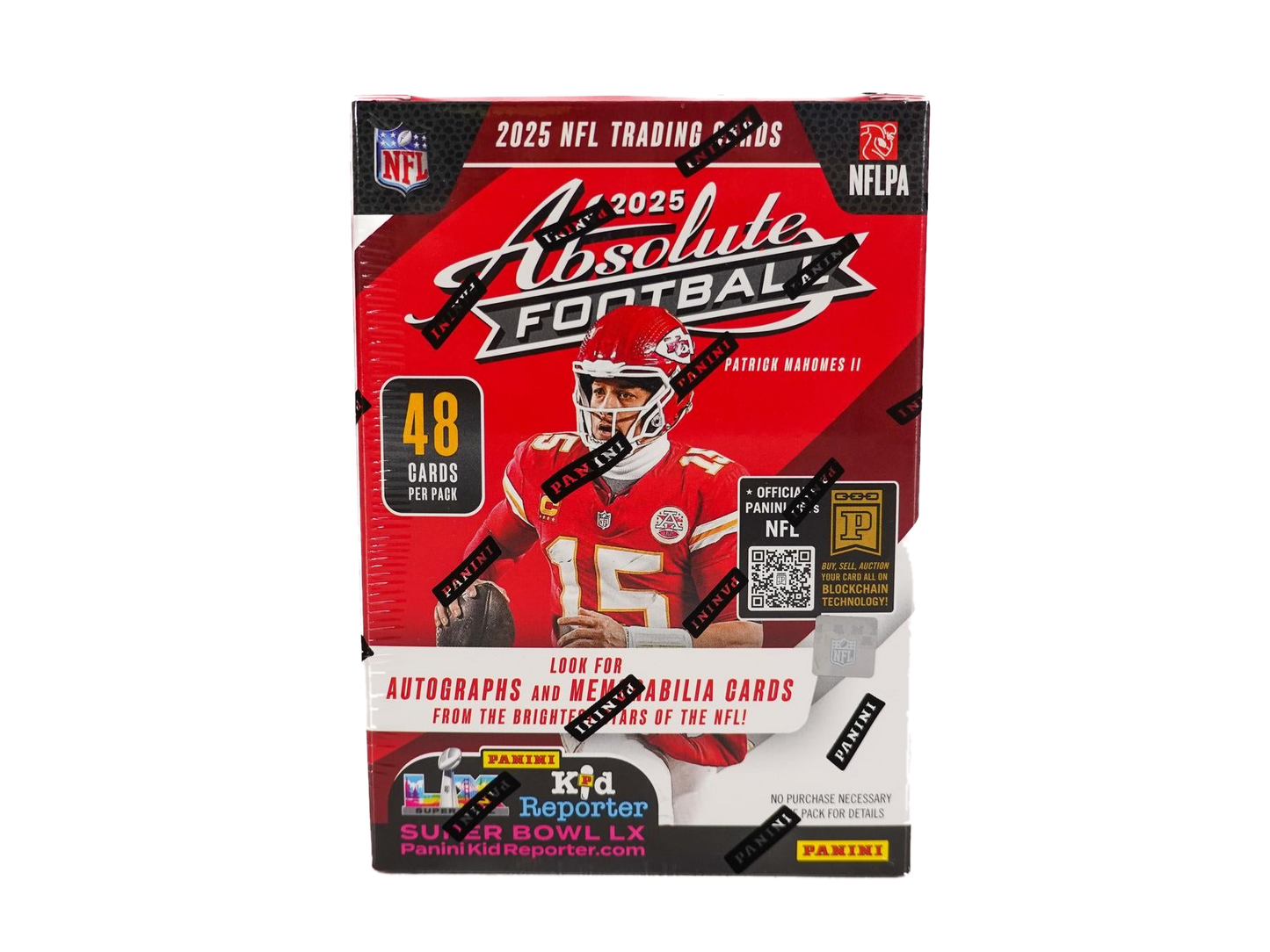 A 2025 Panini Absolute Football hobby blaster box featuring Patrick Mahomes on the packaging.