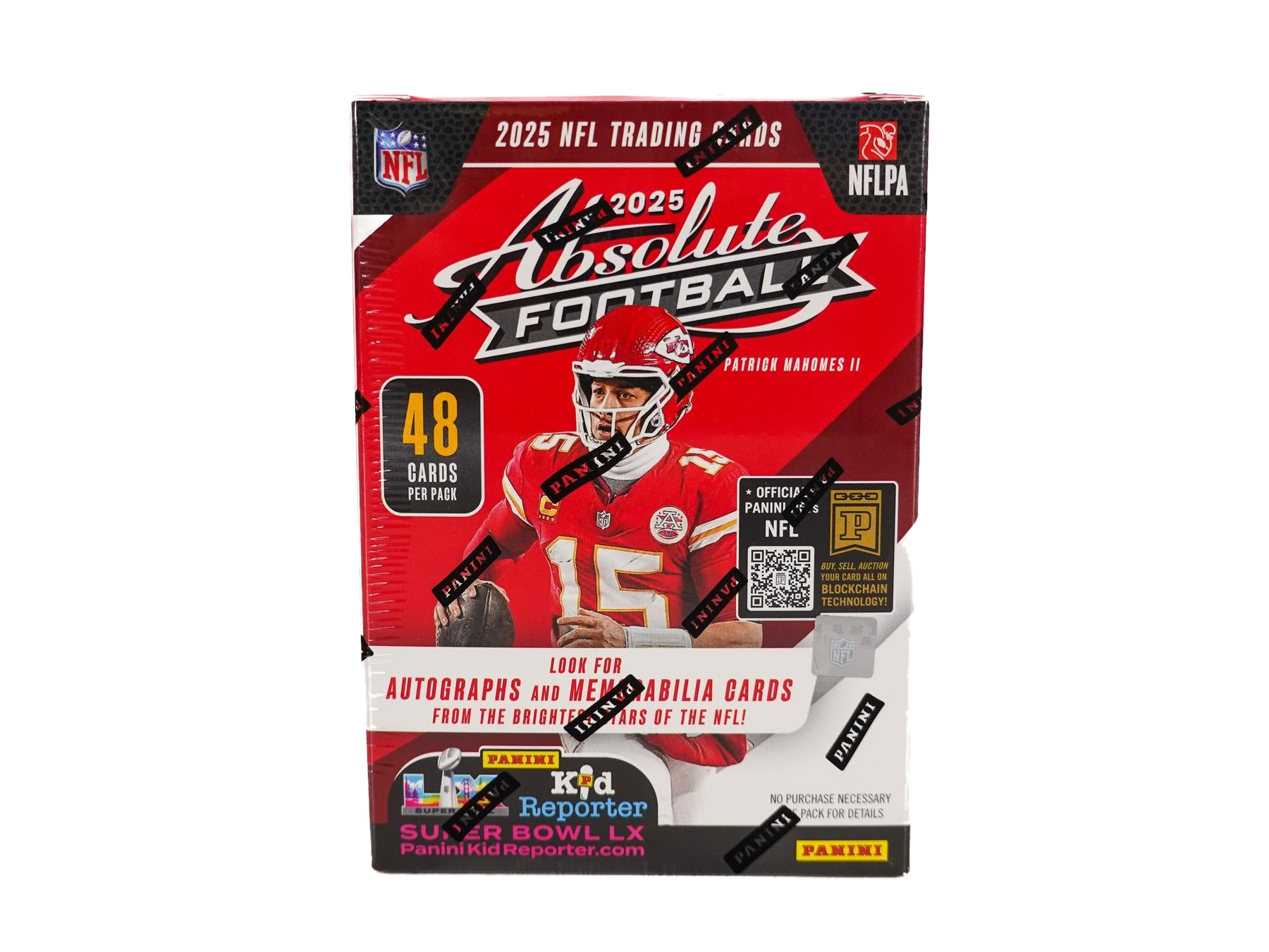 A 2025 Panini Absolute Football hobby blaster box featuring Patrick Mahomes on the packaging.