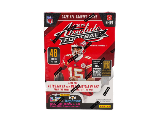 A 2025 Panini Absolute Football hobby blaster box featuring Patrick Mahomes on the packaging.