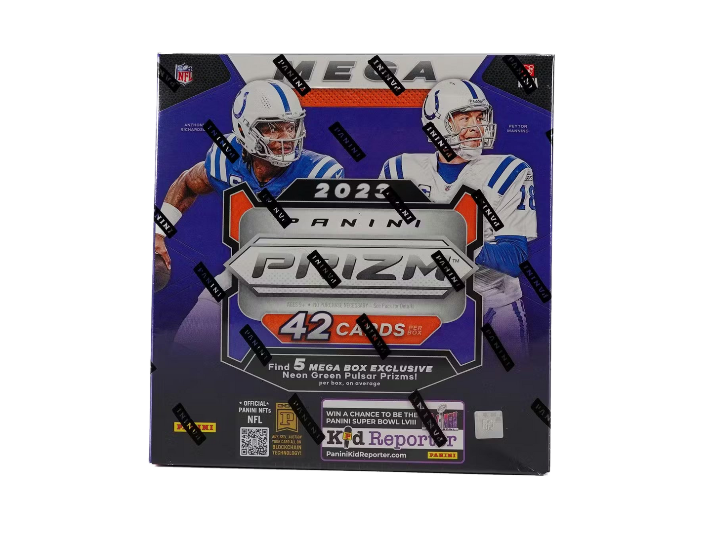 A 2023 Panini Prizm football mega box featuring Anthony Richardson and Peyton Manning.