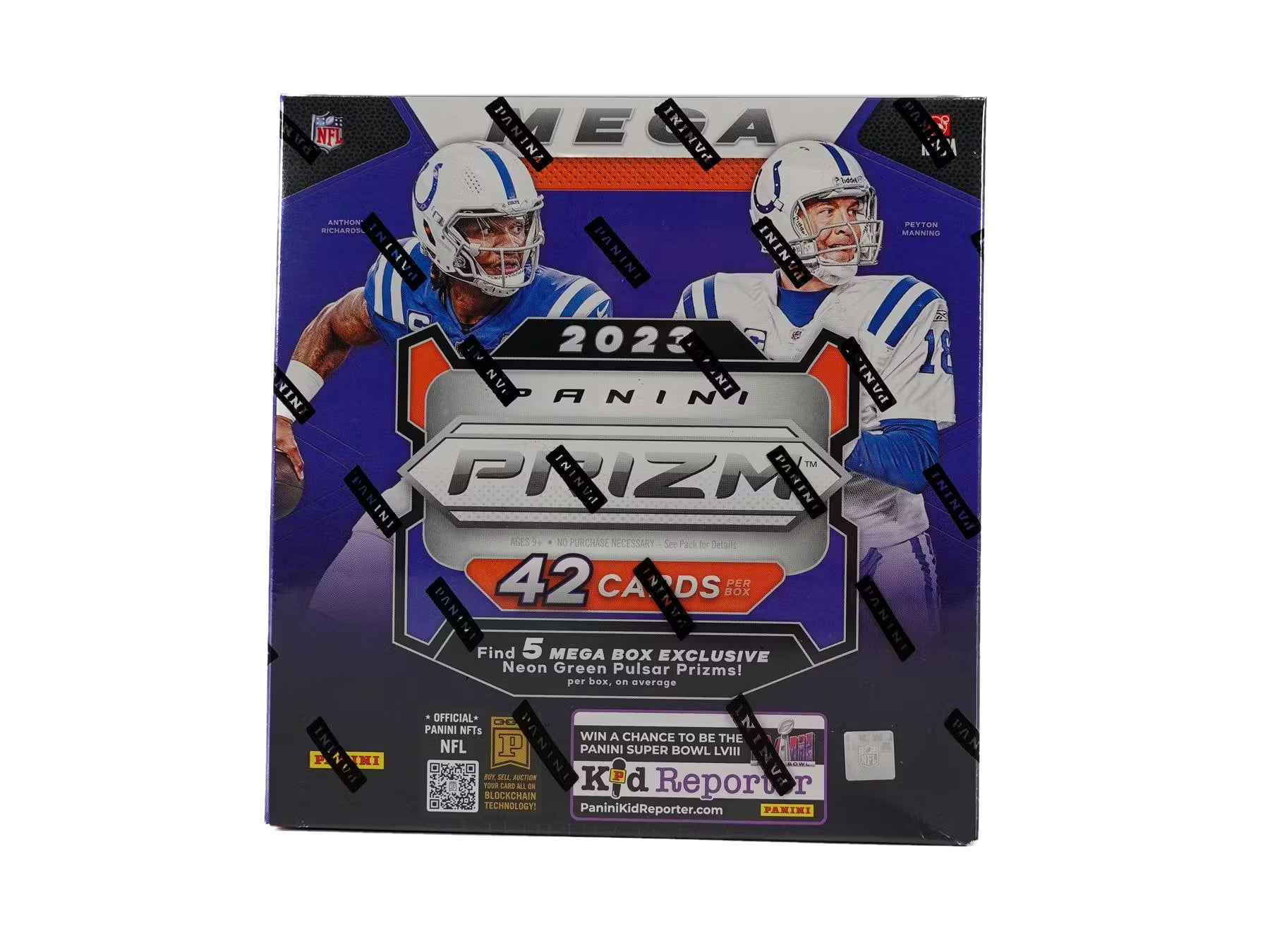 A 2023 Panini Prizm football mega box featuring Anthony Richardson and Peyton Manning.