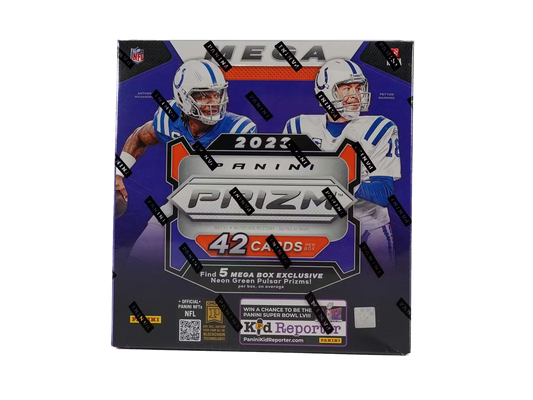 A 2023 Panini Prizm football mega box featuring Anthony Richardson and Peyton Manning.
