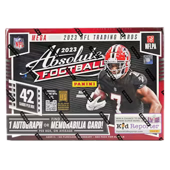 A 2023 Panini Absolute Football mega box featuring a player on the front.