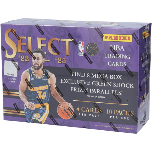 A 2022-23 Panini Select Basketball Mega Box featuring Stephen Curry on the purple packaging.