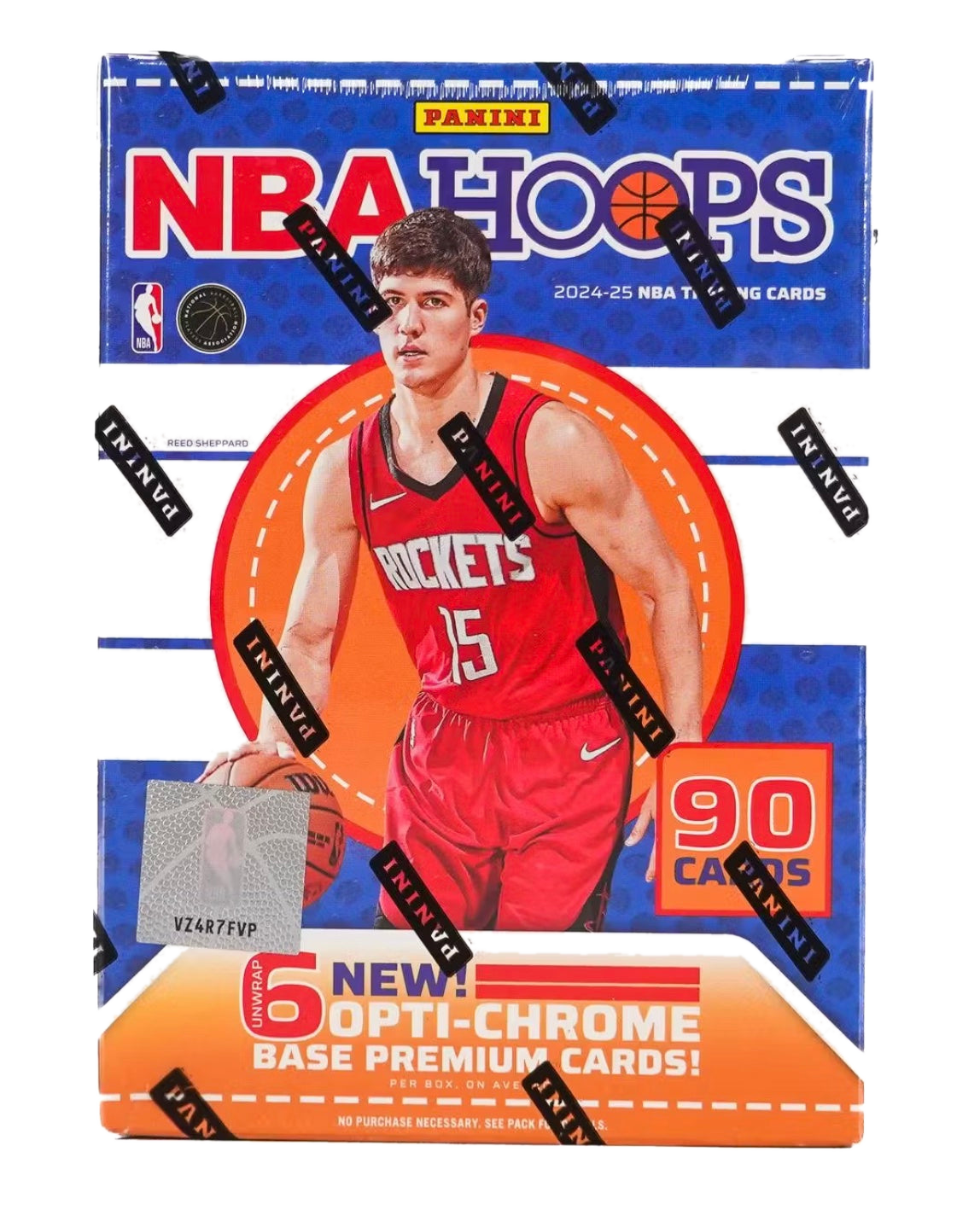 A 2024-25 Panini NBA Hoops basketball blaster box featuring Reed Sheppard on the packaging.