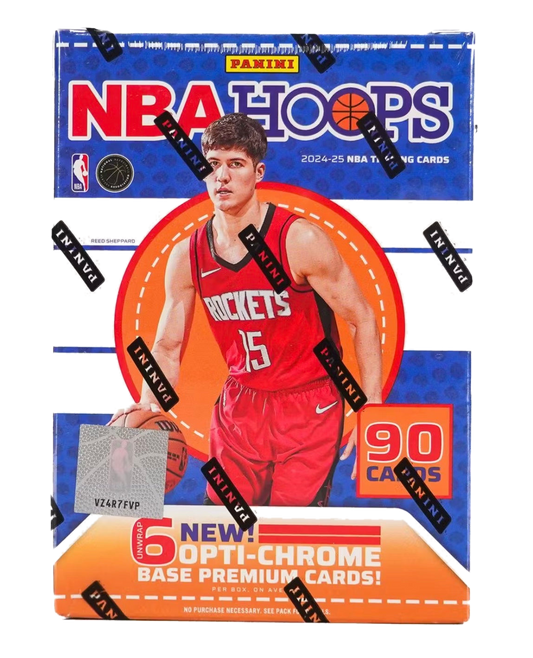 A 2024-25 Panini NBA Hoops basketball blaster box featuring Reed Sheppard on the packaging.