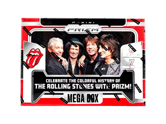 A 2024 Panini Prizm The Rolling Stones mega box featuring the band on the front.