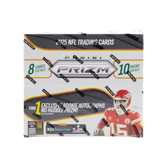 A 2025 Panini Prizm Football No Huddle hobby box featuring Patrick Mahomes on the packaging.