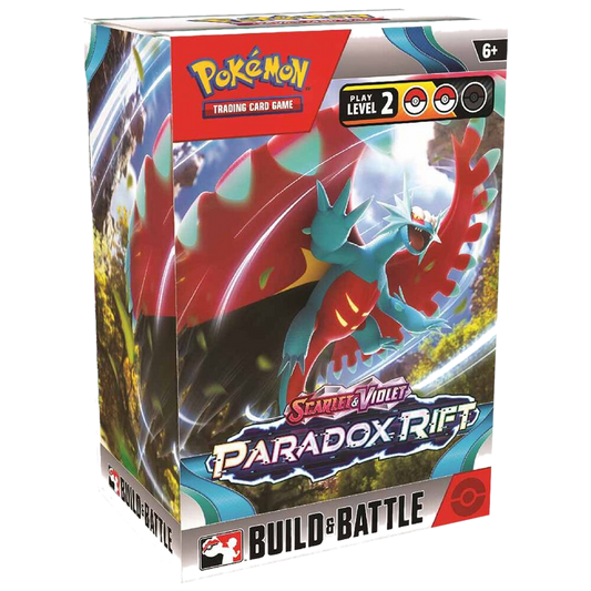 A Pokemon Scarlet and Violet Paradox Rift Build and Battle box featuring Roaring Moon.