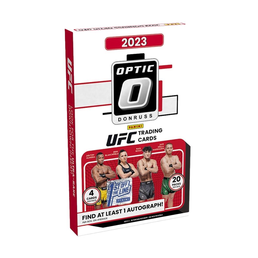 A 2023 Panini Donruss Optic UFC hobby box featuring images of four fighters on the front.