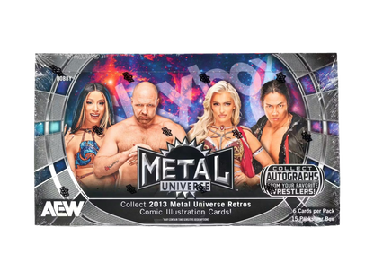 A 2025 Upper Deck AEW Skybox Metal Universe hobby box featuring images of professional wrestlers.