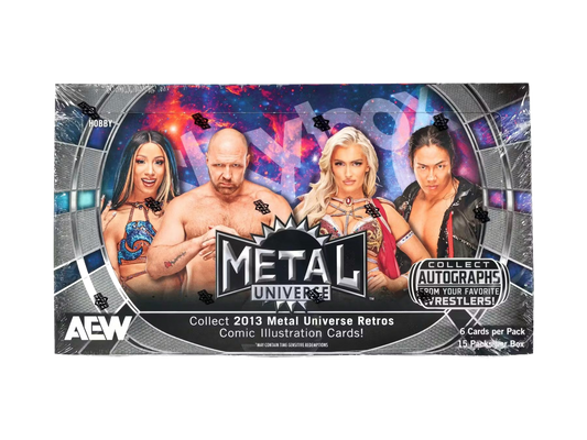 A 2025 Upper Deck AEW Skybox Metal Universe hobby box featuring images of professional wrestlers.