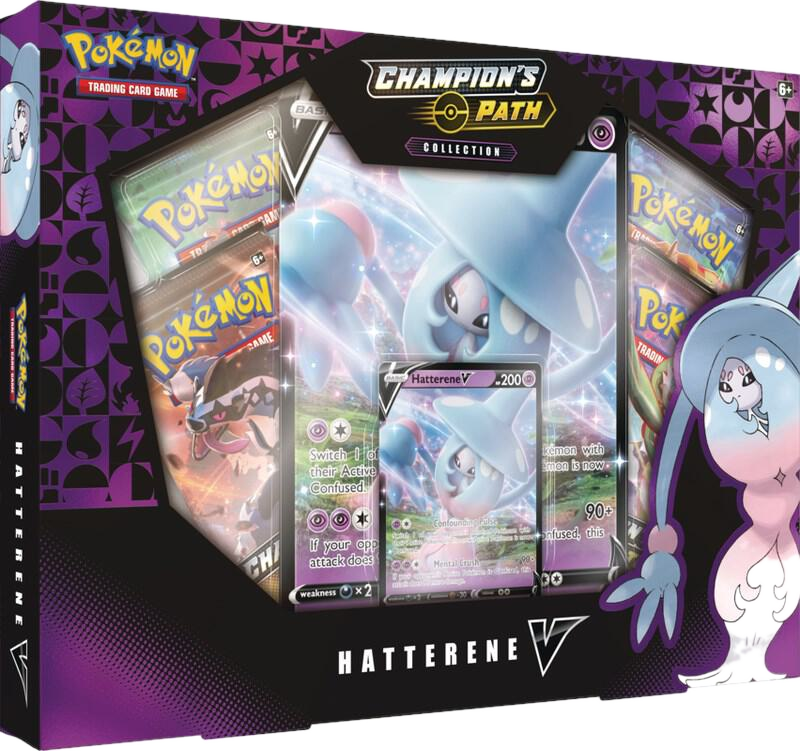 A Champion's Path collection box featuring a Hatterene V promo card and booster packs.
