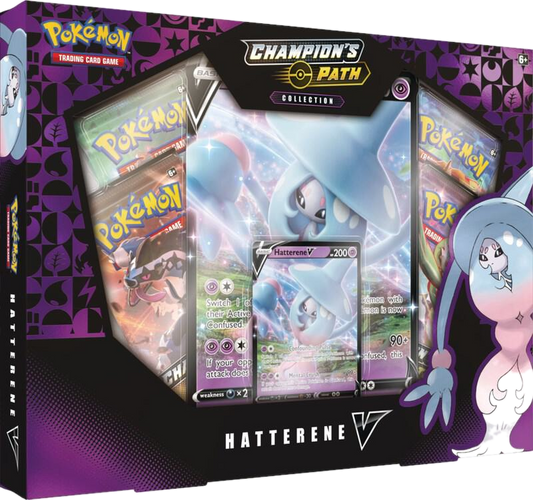 A Champion's Path collection box featuring a Hatterene V promo card and booster packs.