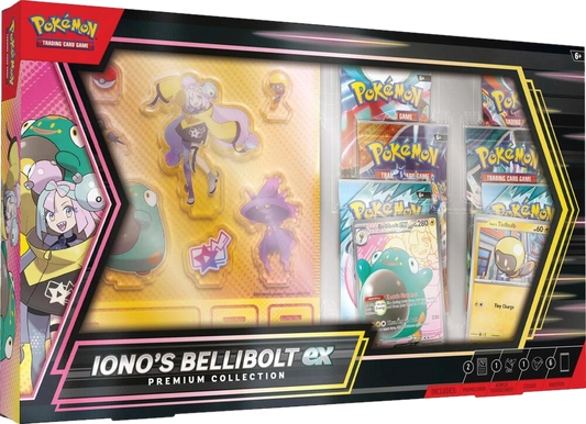 Iono’s Bellibolt ex Premium Collection box featuring promo cards, booster packs, and acrylic standees.