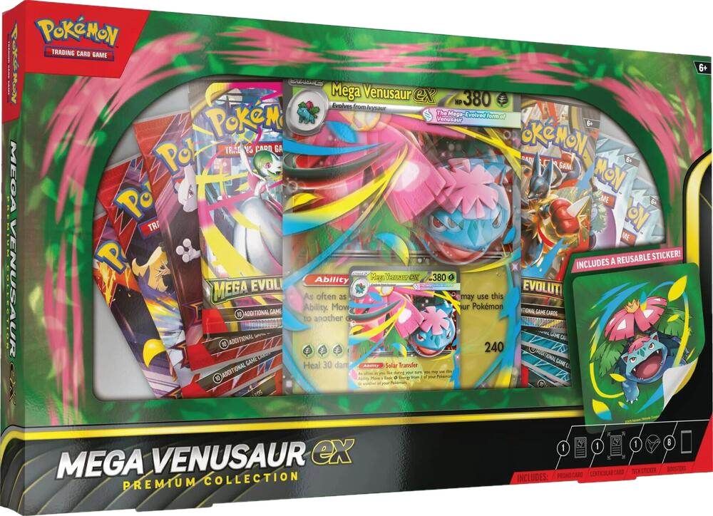 Mega Venusaur ex Premium Collection box featuring a promo card, sticker, and booster packs.