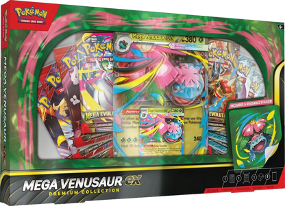 Mega Venusaur ex Premium Collection box featuring a promo card, sticker, and booster packs.