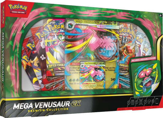 Mega Venusaur ex Premium Collection box featuring a promo card, sticker, and booster packs.