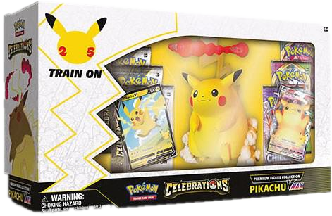 A Pokemon Celebrations Premium Figure Collection box featuring a Pikachu VMAX figure and cards.