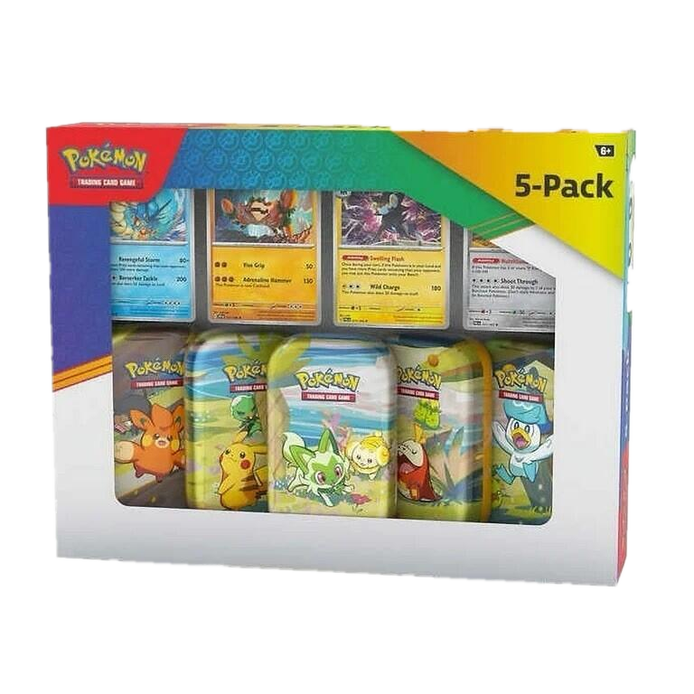 A Paldea Friends Mini Tins 5-pack featuring five colorful tins and four display cards.