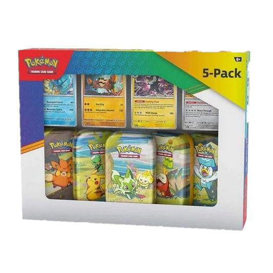 A Paldea Friends Mini Tins 5-pack featuring five colorful tins and four display cards.