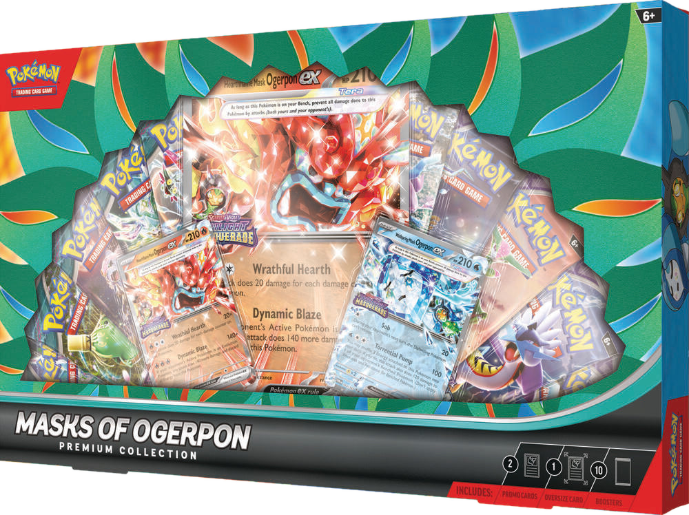 The Masks of Ogerpon Premium Collection box features Ogerpon ex cards and ten booster packs.