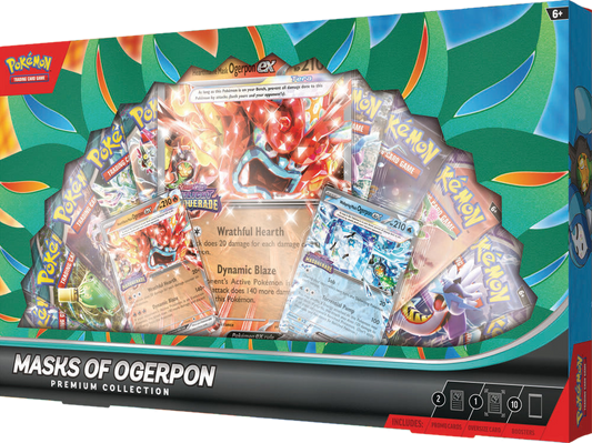 The Masks of Ogerpon Premium Collection box features Ogerpon ex cards and ten booster packs.