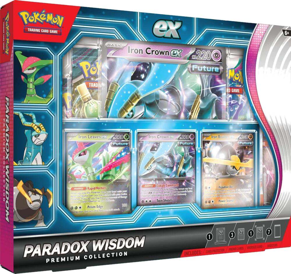 The Paradox Wisdom Premium Collection box features three Future Pokémon ex promo cards.