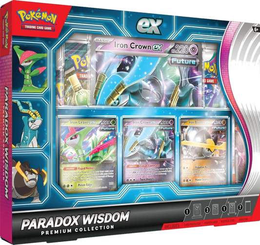 The Paradox Wisdom Premium Collection box features three Future Pokémon ex promo cards.