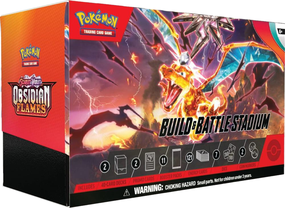 A Pokemon Obsidian Flames Build and Battle Stadium box featuring Charizard artwork.