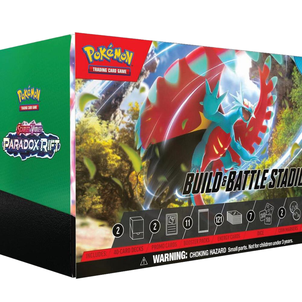 A Pokemon Trading Card Game Paradox Rift Build and Battle Stadium box set.