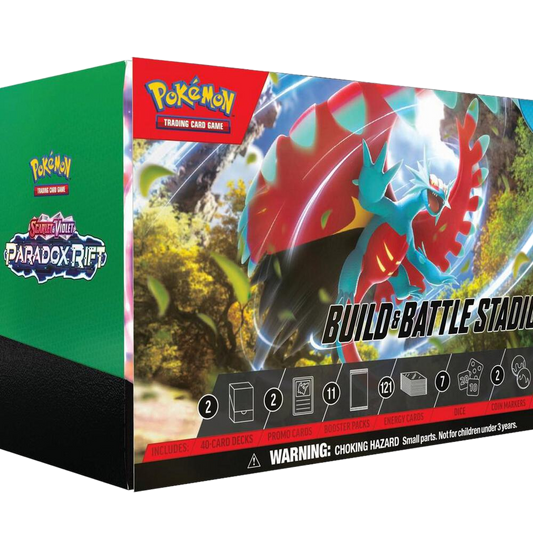 A Pokemon Trading Card Game Paradox Rift Build and Battle Stadium box set.