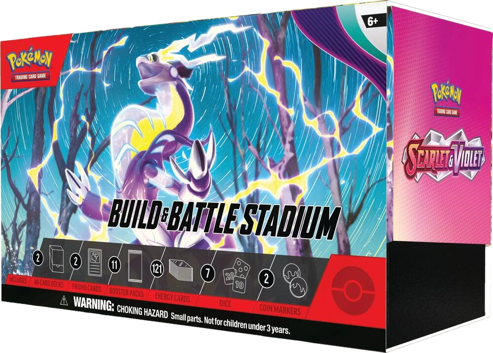 A Scarlet and Violet Build and Battle Stadium box featuring Miraidon on the front.