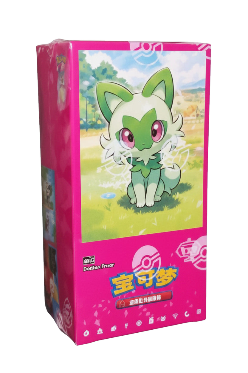 A rectangular box featuring an illustration of the Pokemon Sprigatito on a bright pink background.