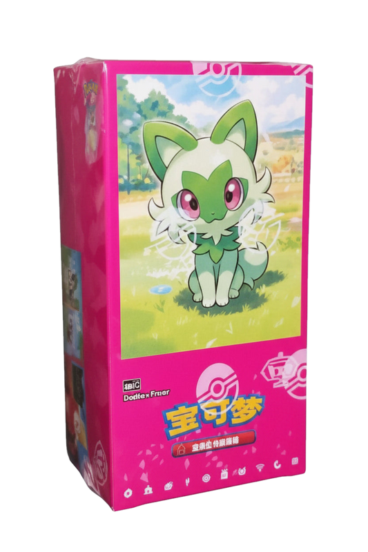 A rectangular box featuring an illustration of the Pokemon Sprigatito on a bright pink background.