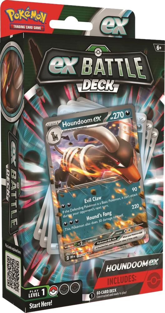 A Houndoom ex Battle Deck box featuring the Houndoom ex trading card on the front.