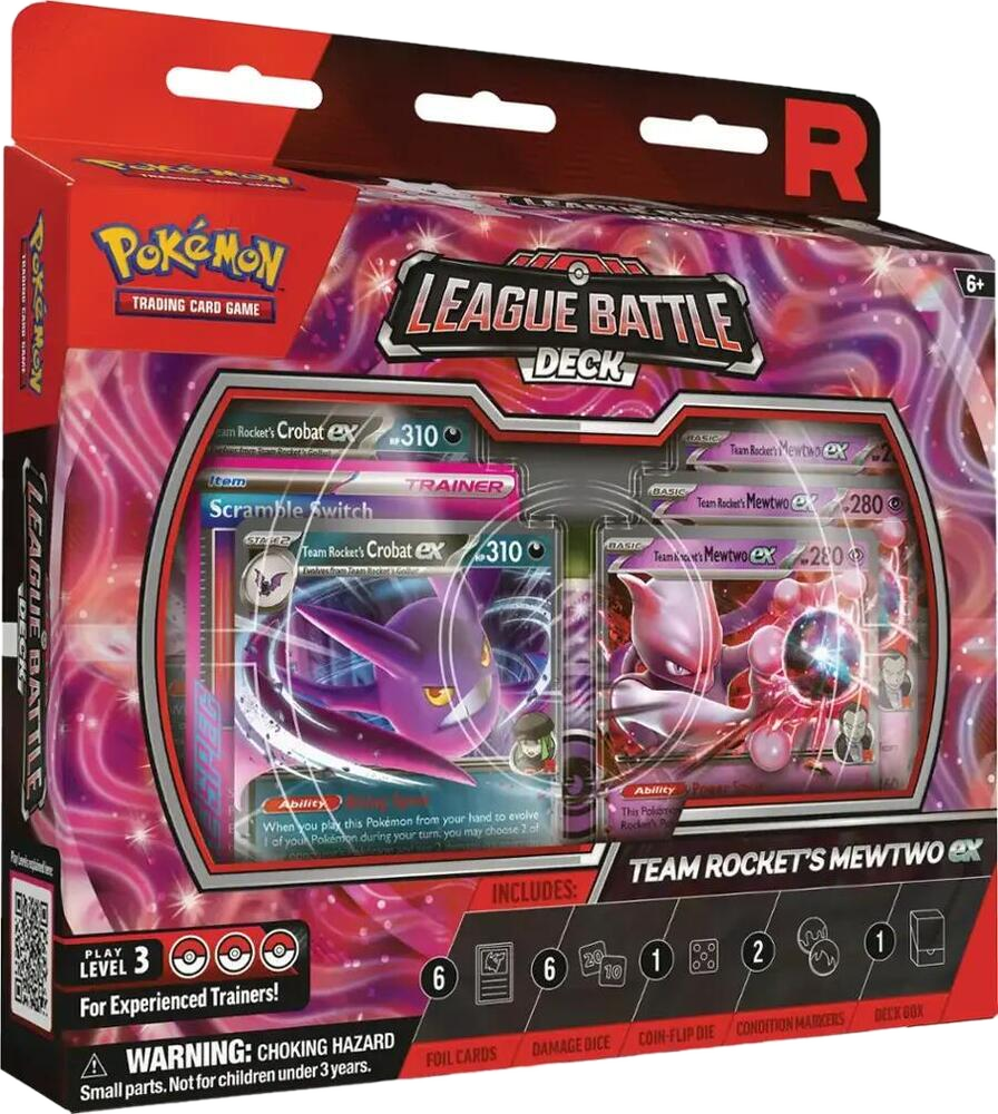 A Team Rocket's Mewtwo ex League Battle Deck box featuring foil cards and game accessories.