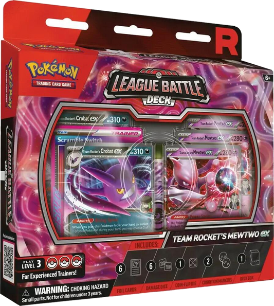 A Team Rocket's Mewtwo ex League Battle Deck box featuring foil cards and game accessories.