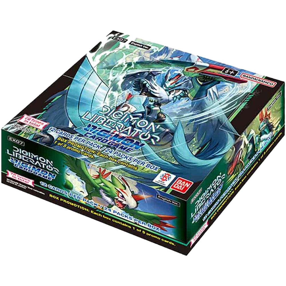 A Digimon Liberator booster box featuring artwork of a digital monster on the packaging.