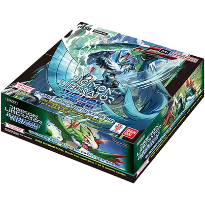 A Digimon Liberator booster box featuring artwork of a digital monster on the packaging.